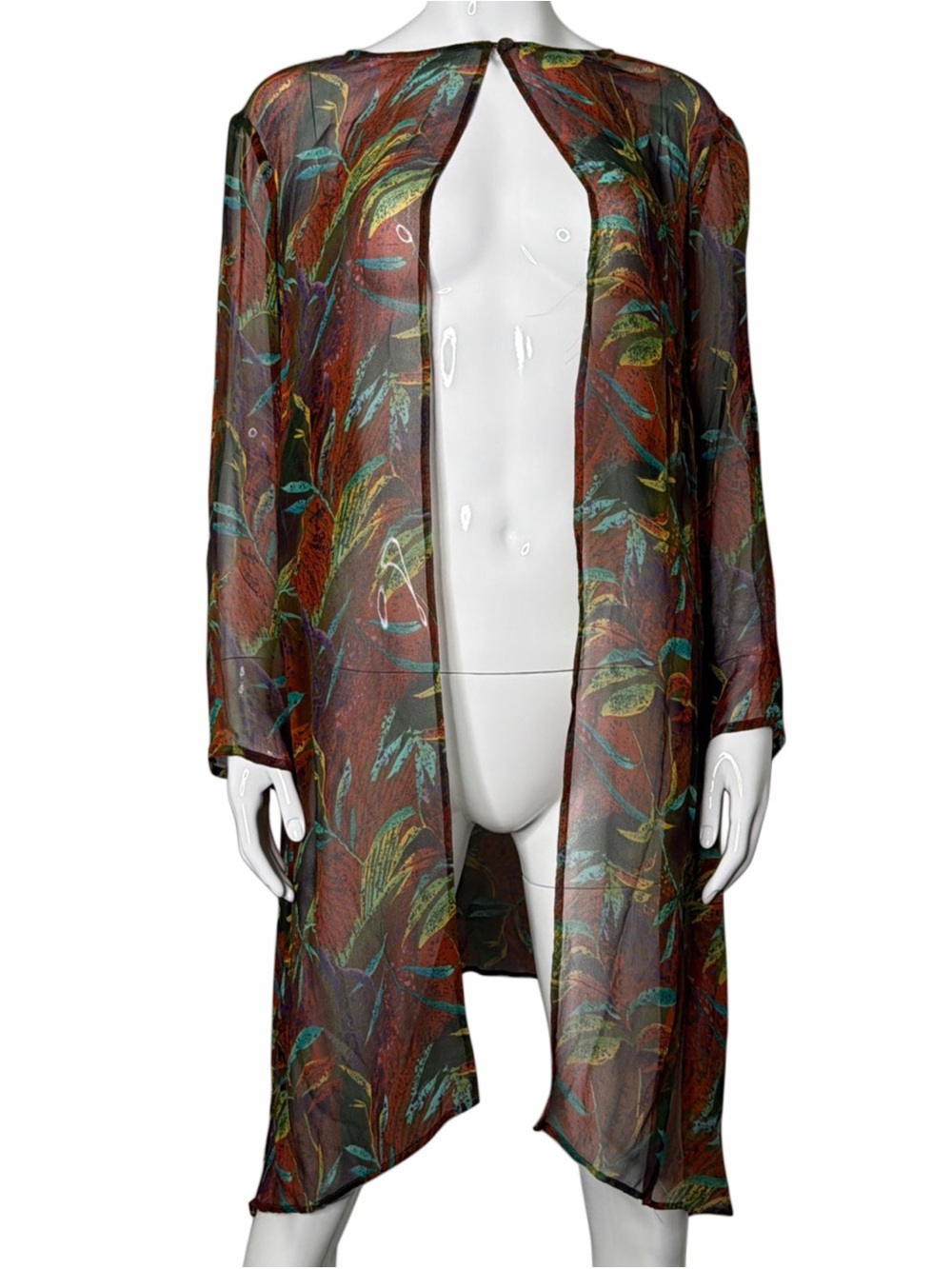Robbie Bee Sheer Silk Leaf-Print Duster in Brown with Teal & Green Accents